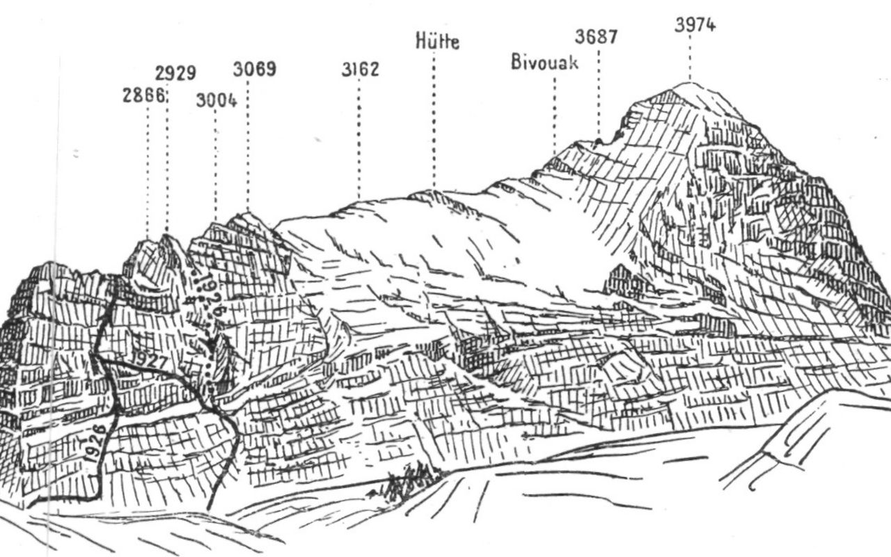Historic illustration of the Mittellegi Ridge from the 1928 SAC Yearbook