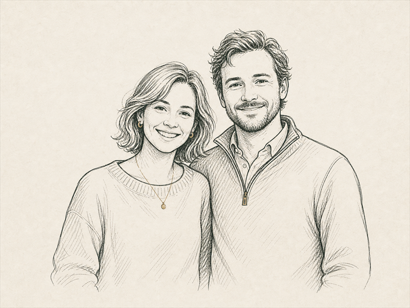 Temporary illustrated portrait of the hosts